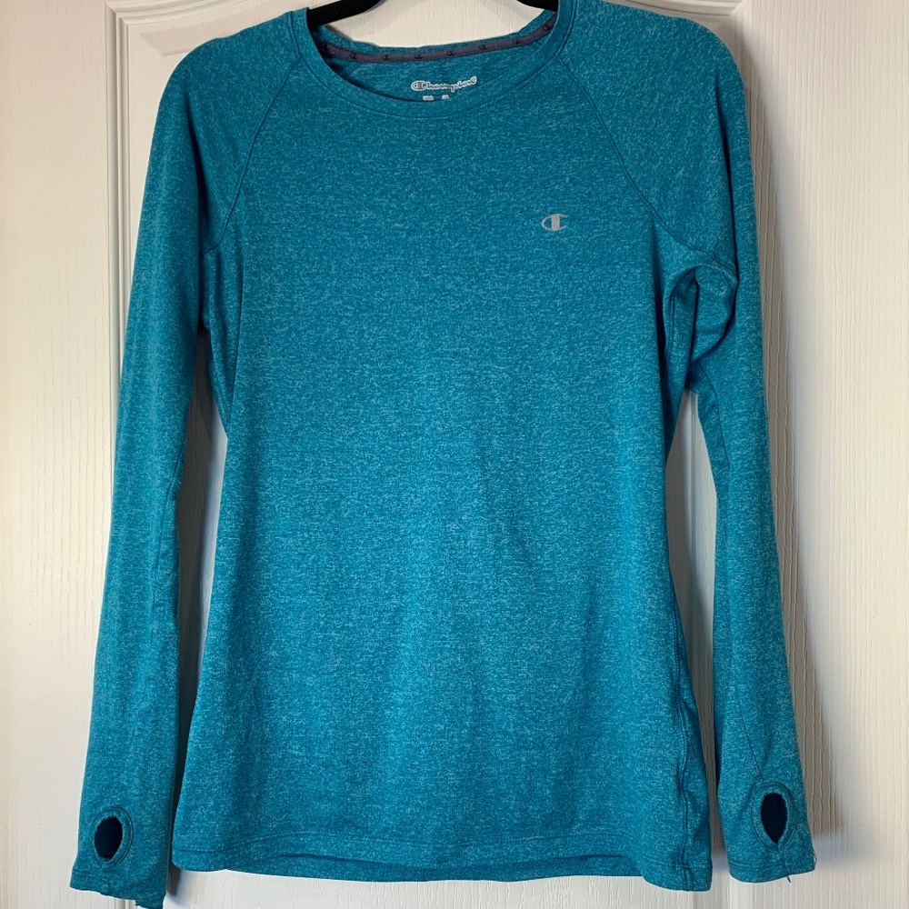 Champion Athletic Long Sleeve Performance Top‎ Turquoise Blue Thumbholes S Yoga